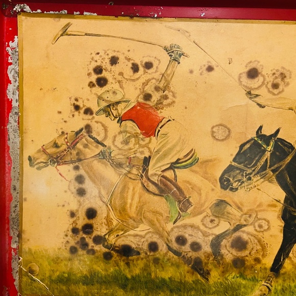 F1-RARE LARGE Antique French Red Tole Tray Polo Players & Horses - Picture 5 of 8